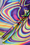 Regenbogenfarbener, schmaler Jumpsuit mit Street-Print, Patchwork-Reißverschluss, halbem Rollkragen