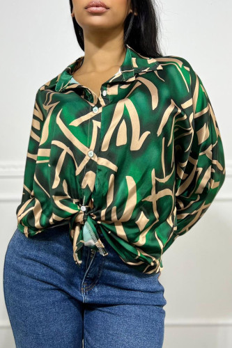 Verde casual estampa patchwork fivela camisa tops com gola