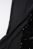 Vestidos pretos sexy patchwork lantejoulas transparentes sem costas com alça espaguete vestidos longos