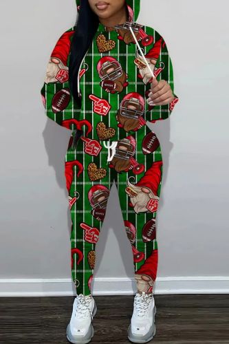Green Casual Graphcis Print Long Sleeve Sweatshirt And Draw String Pocket Skinny Pants Two Pieces Jogger Sets