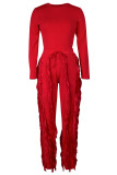 Rose Red Street Solid Tassel Patchwork Draw String O Neck Long Sleeve Two Pieces