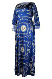 Tiefblaues, lässiges, bedrucktes Patchwork-O-Ausschnitt-langes Kleid in Übergröße