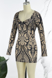 Mörkbrun Casual Print Basic V-hals långärmade klänningar