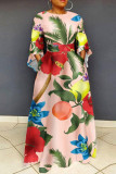 Veelkleurige casual print patchwork lange jurk met o-hals plus maten jurken