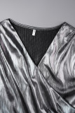 Silver Casual Solid Patchwork V Neck Tops