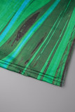 Gröna Casual Print Patchwork O-hals långärmade klänningar