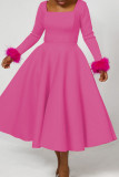 Rozerode elegante effen patchwork vierkante kraag A-lijn jurken