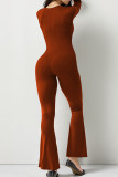 Karamelkleurige casual effen skinny jumpsuits met vierkante kraag