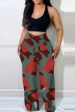 Black Red Casual Print Patchwork Plus Size High Waist Trousers