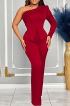 Fenda de retalhos sólido elegante vermelho com miçangas de um ombro manga comprida duas peças