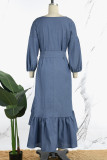 Robes en denim régulières bleues décontractées à col en V et manches longues