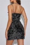 Black Sexy Casual Patchwork Sequins Backless Spaghetti Strap Sleeveless Dress Dresses