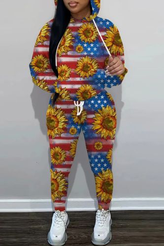 Red Blue Casual Graphcis Print Long Sleeve Sweatshirt And Draw String Pocket Skinny Pants Two Pieces Jogger Sets