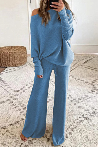 Peacock Blue Casual Solid Basic O Neck Long Sleeve Two Pieces