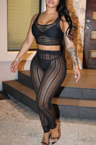 Black Sexy Casual Patchwork See-through Vests Pants U Neck Sleeveless Two Pieces Tank Crop Tops And Pants Sets