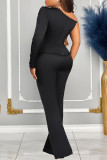 Fenda de retalhos sólida elegante preta com miçangas de um ombro manga comprida duas peças