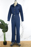The cowboy blue Casual Solid Buttons Turndown Collar Long Sleeve Skinny Denim Jumpsuits