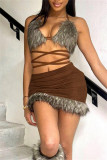 Dark Brown Sexy Patchwork Bandage Backless Halter Sleeveless Two Pieces
