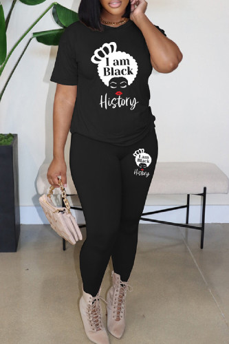 Black Casual Print Basic O Neck Short Sleeve Two Pieces