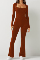 Caramel Color Casual Solid Basic Square Collar Skinny Jumpsuits