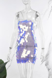 カラーセクシーなパッチワークスパンコールバックレススパゲッティストラップラップスカートドレス (実際のオブジェクトに従う)