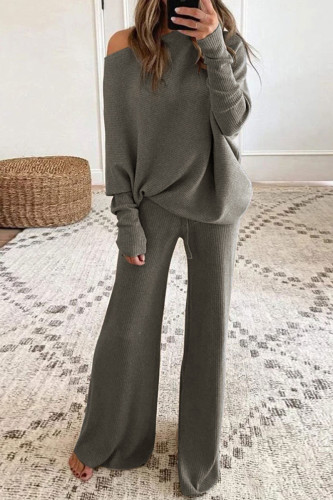 Grey Casual Solid Basic O Neck Long Sleeve Two Pieces