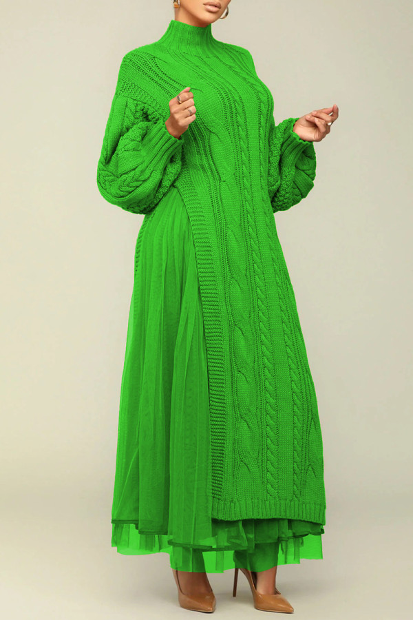 Зеленый повседневный однотонный пэчворк с поясом Водолазка с длинными рукавами из двух предметов