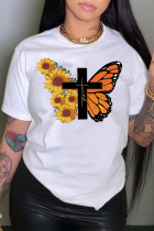 Camisetas casual estampado de calle estampado de mariposa patchwork cuello redondo blanco
