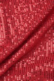 Combinaisons rouges décontractées en Patchwork de paillettes, col rond, grande taille (sans ceinture)