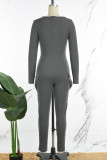 Dark Gray Casual Solid Basic V Neck Skinny Jumpsuits
