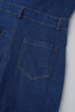 Tiefblaue, lässige, solide Patchwork-Jeansoveralls mit Umlegekragen und langen Ärmeln