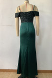 Ink Green Sexy Solid Sequins Patchwork Backless Slit Off the Shoulder Evening Dress Dresses