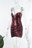 Burgundy Sexy Solid Sequins Patchwork Backless Spaghetti Strap Sleeveless Dress Dresses