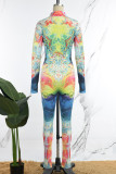 Blauer Skinny-Jumpsuit mit Street-Print, Patchwork und Reißverschluss, halber Rollkragen