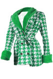 Grüner, lässiger, bedruckter Patchwork-Mantel mit Gürtel, Umlegekragen, langen Ärmeln, Übergröße