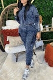 Gray Blue Casual Solid Patchwork O Neck Long Sleeve Two Pieces