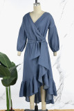 Robes en denim régulières bleues décontractées à col en V et manches longues