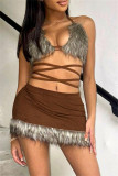 Dark Brown Sexy Patchwork Bandage Backless Halter Sleeveless Two Pieces