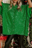 Green Casual Patchwork Sequins Turndown Collar Tops