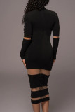 Schwarze, sexy, durchsichtige Patchwork-Kleider mit halbem Rollkragen und Bleistiftrock