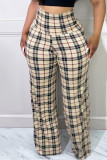 Pantalon taille haute décontracté imprimé patchwork kaki foncé de grande taille