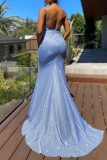 Blue Sexy Formal Solid Backless Spaghetti Strap Evening Dress Dresses