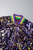 Purple Casual Patchwork Sequins Zipper Collar Outerwear