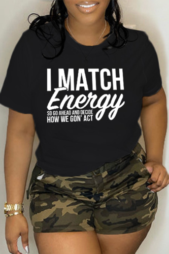 Camisetas con cuello en O de letras de patchwork con estampado diario casual negro