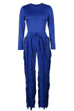 Blue Street Solid Tassel Patchwork Draw String O Neck Long Sleeve Two Pieces