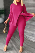 Rose Red Casual Solid Slit Turtleneck Plus Size Two Pieces