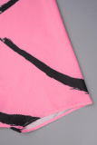 Розовые повседневные милые повседневные смешанные платья с контрастным V-образным вырезом и принтом