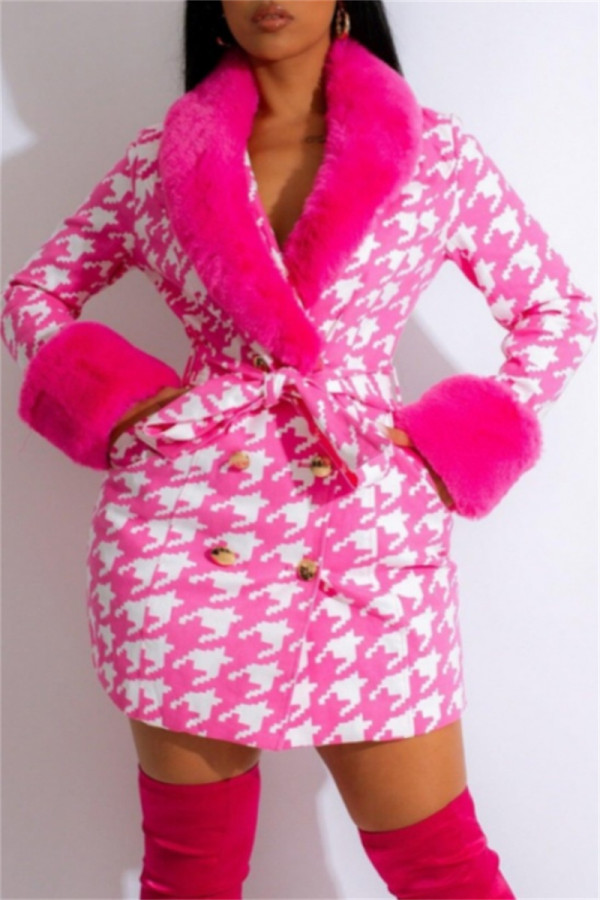ピンク カジュアル プリント パッチワーク ベルト ターンダウン カラー 長袖 プラス サイズ オーバーコート