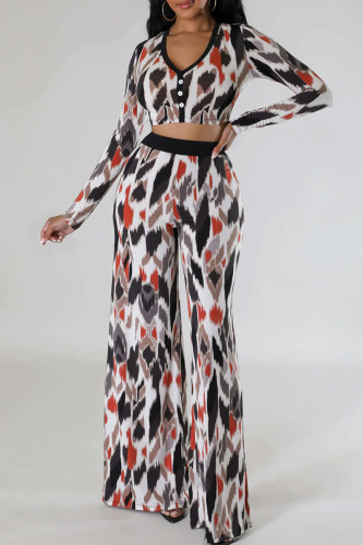 Multicolor Elegant Print Patchwork Buckle V Neck Long Sleeve Two Pieces