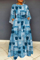 Bleu clair décontracté imprimé patchwork col rond robe longue robes de grande taille